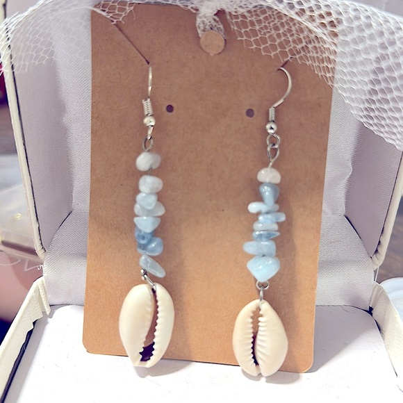 Pretty Baby Blue Natural Crystal Earrings+Sea Shells Dangle Earrings Silver - Picture 5 of 16